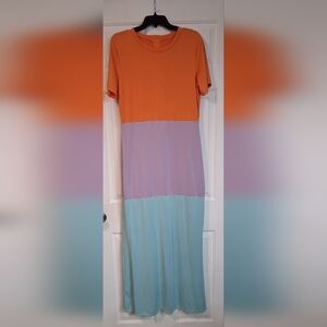 Color Block Multicolor Dress in Orange Lavender Light Blue Long Maxi Dress Sz XL